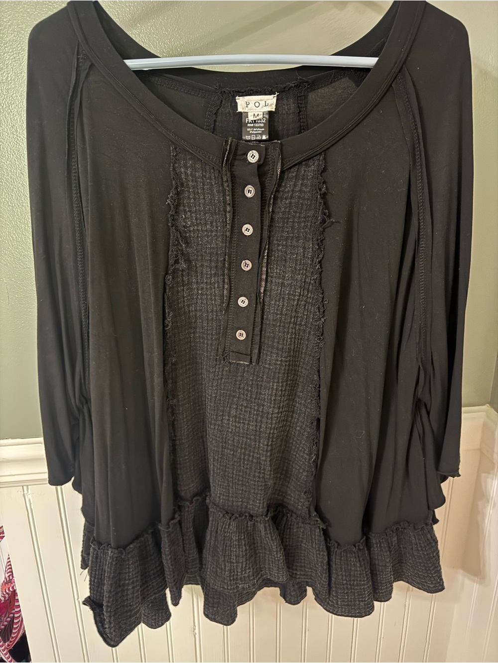 POL Black Henley Long-Sleeve Top with Textured Front & Ruffle Hem